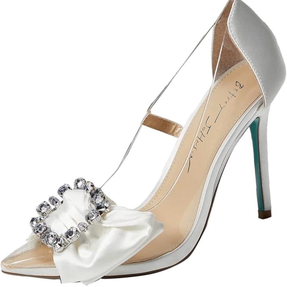 Betsey Johnson Moxie Ivory Satin Rhinestone Pointed Toe Pumps
